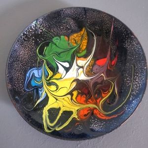 Vintage 1970s Hand Painted Brass Dish